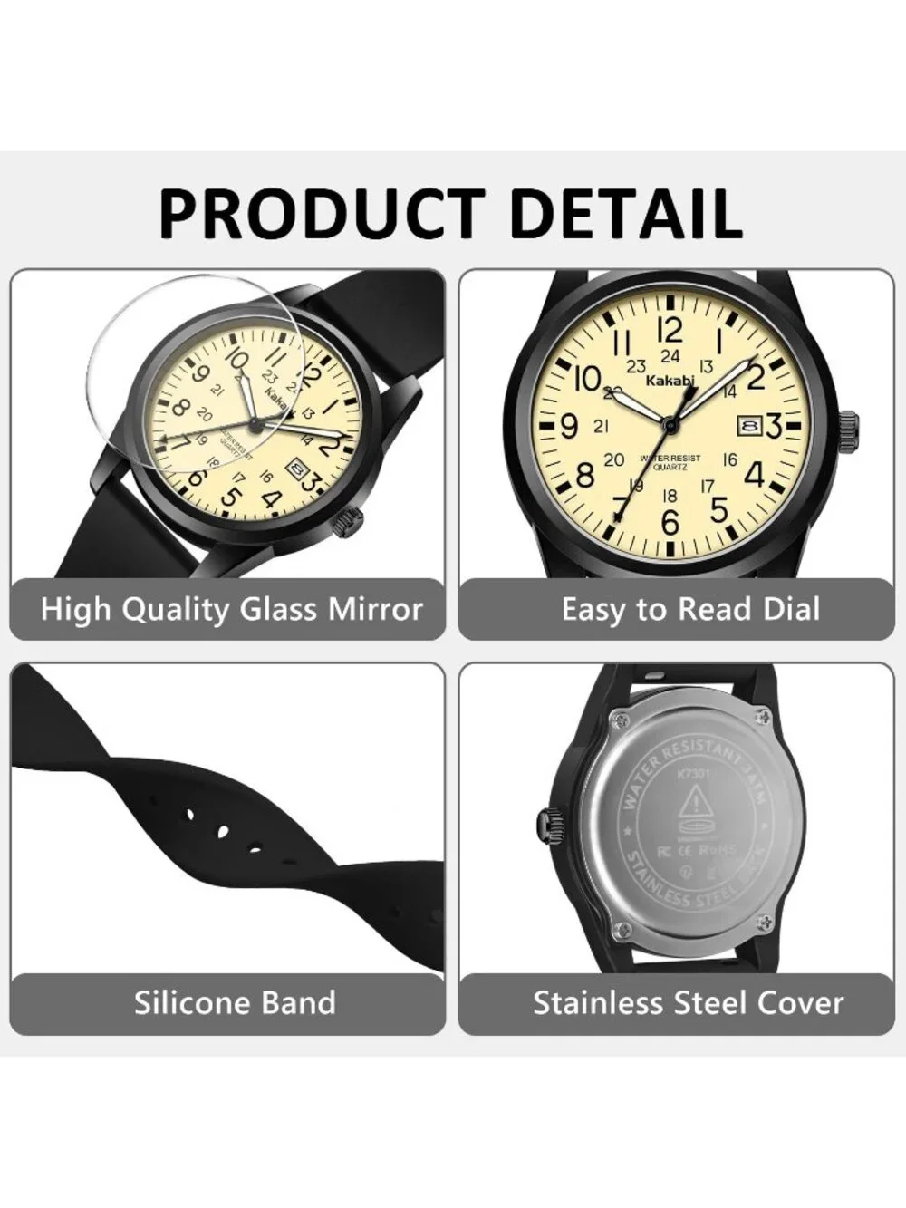 Men's Black Yellow Comfortable Silicone Strap Unisex Military Sport Casual Watch